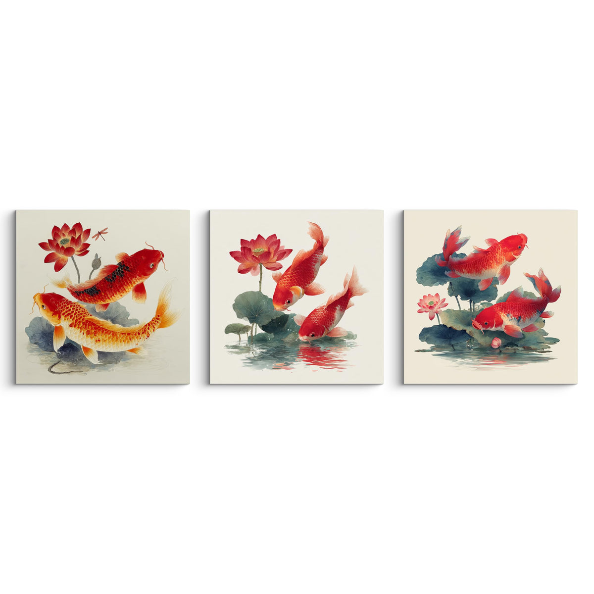 3Pcs Japanese Koi Fish Lotus Flower Wall Art Red Watercolor Zen Canvas Prints for Living Room Feng Shui Good Luck Animal Pictures Asian Oriental Floral Artwork Decor Ready to Hang (Zen Koi Canvas / 16x16inchx3)