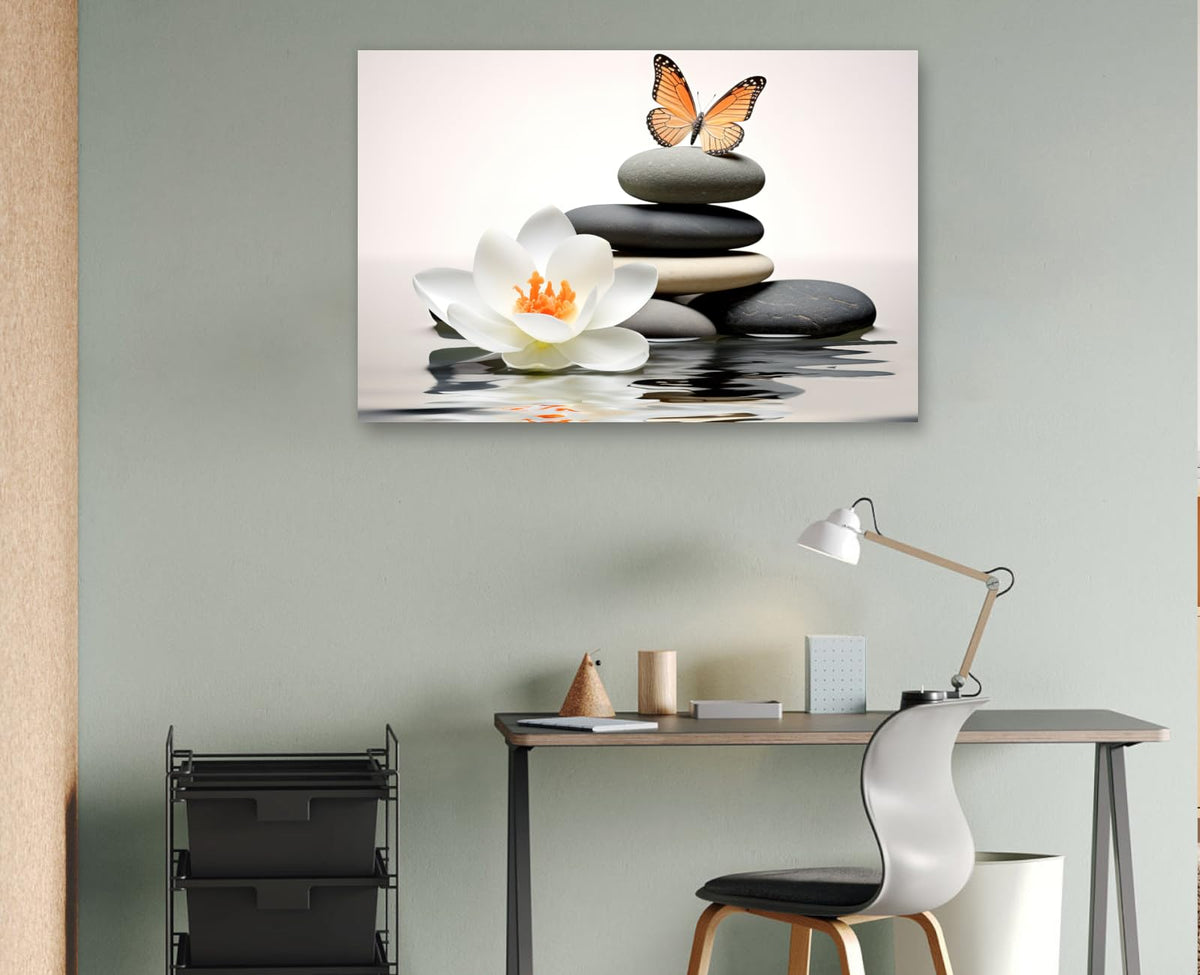 Zen Wall Art Lotus Painting Canvas Print Wall Decor Spa Stones with Butterfly Pictures Relax Meditation Artwork for Home Living Room Bedroom Bathroom Decor Frame (30"L x 20"W / R - Zen)