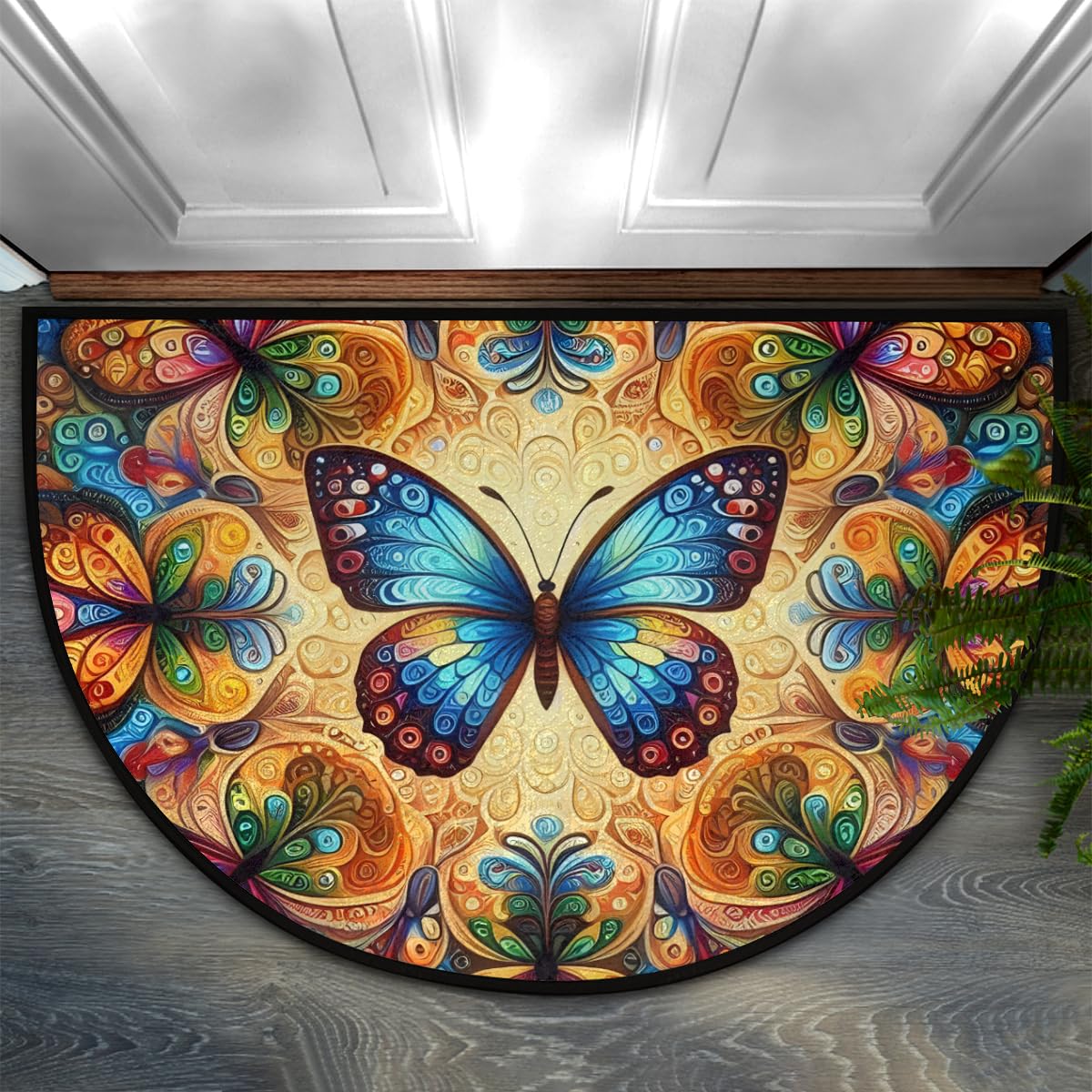 Colorful Butterfly Half Round Mat Half Moon Door Rug Washable Durable Semi Circle Carpet Floor mats for Indoor Outdoor Bathroom Kitchen Patio Hearth Rug Laundry Room Home Decoration (D 025)