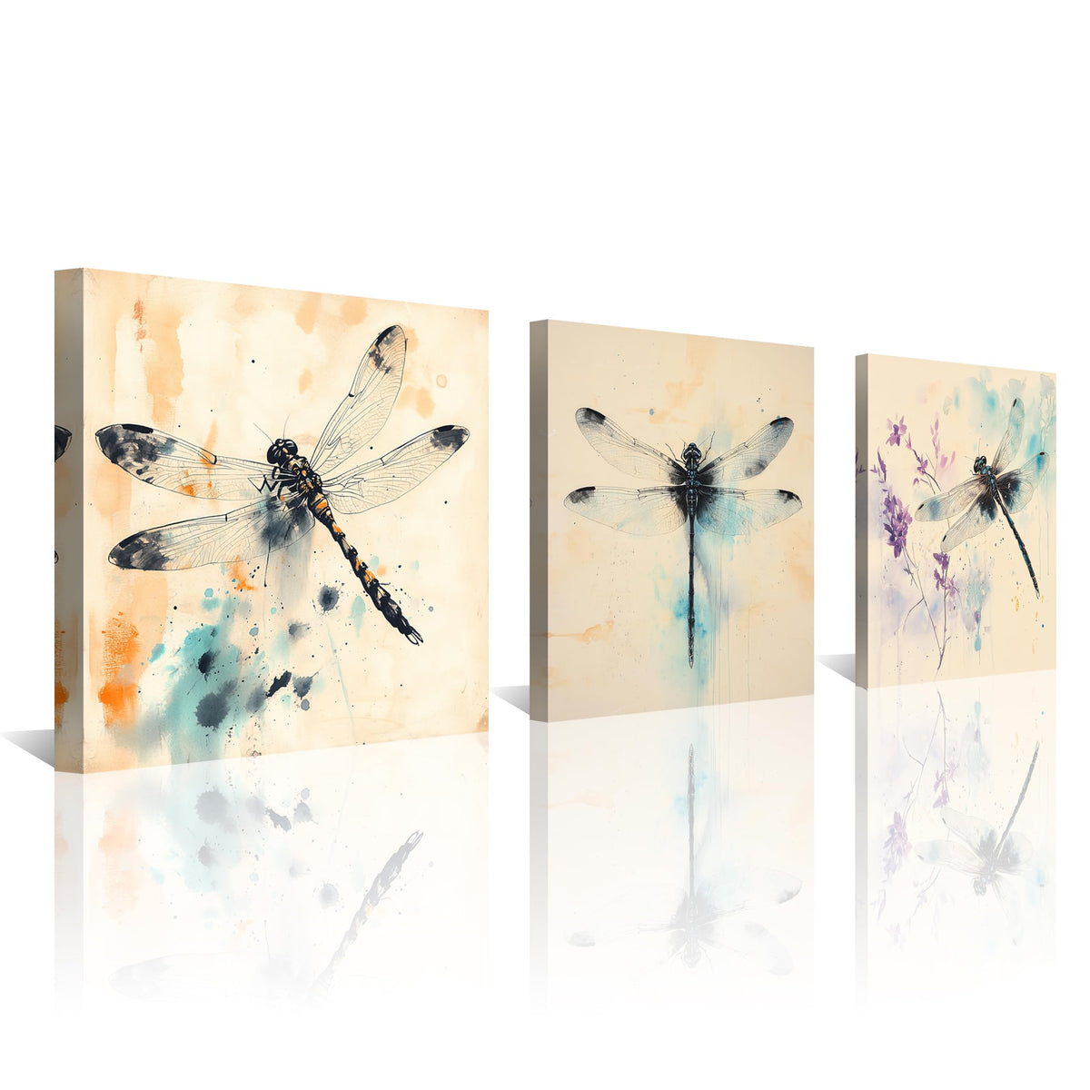 3Pcs Dragonfly Watercolor Wall Art Modern Nature Insect Floral Canvas Print Minimalist Teal Orange Black Ink Blue and Purple Splash Artwork Elegant Home Decor Living Room Bedroom Office (Watercolor Dragonfly / 12x12 inches (3 pieces))