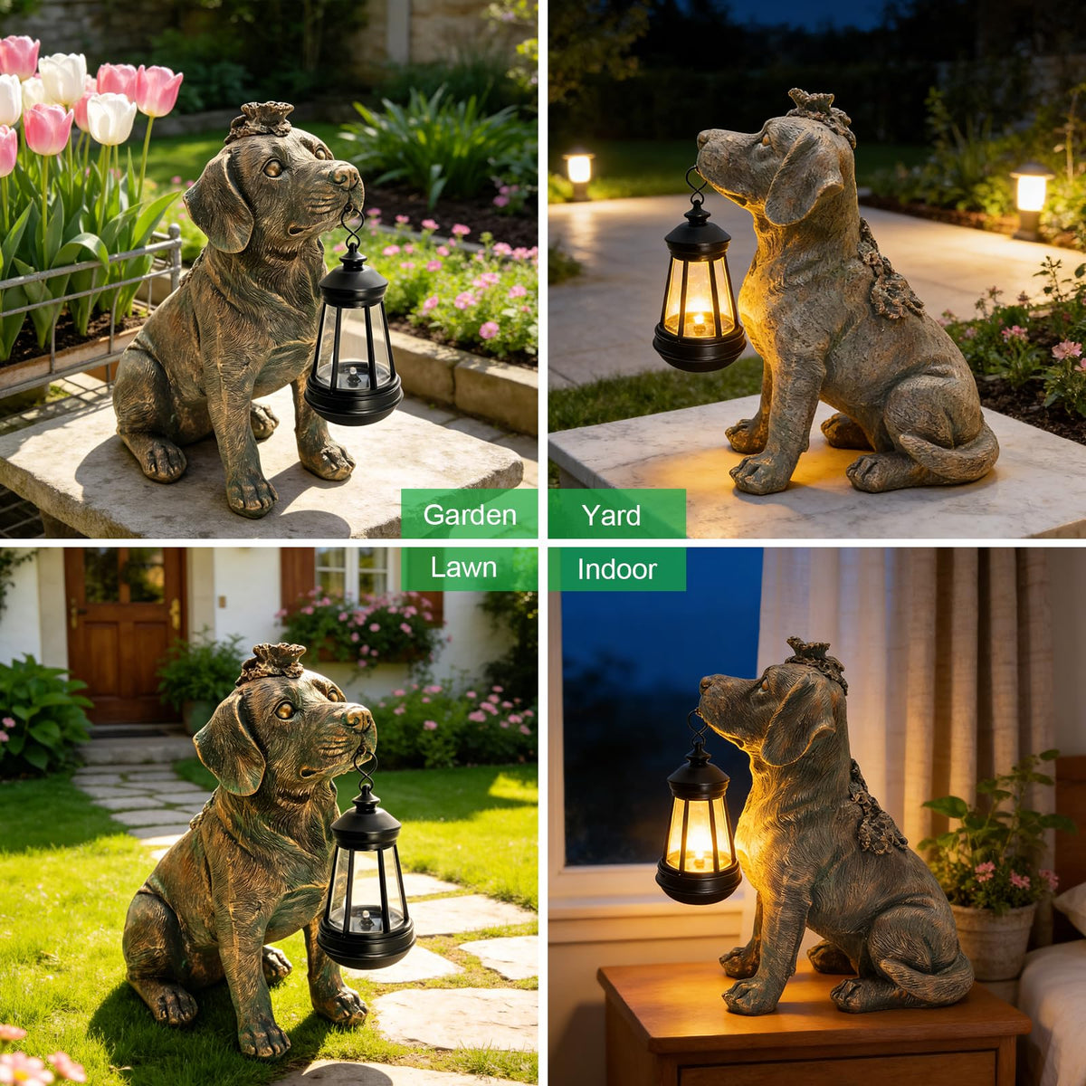 Garden Statue Dog Figurine Decor with Solar Lights 11in Outdoor Decoration (Bronze - Dog with Lantern)