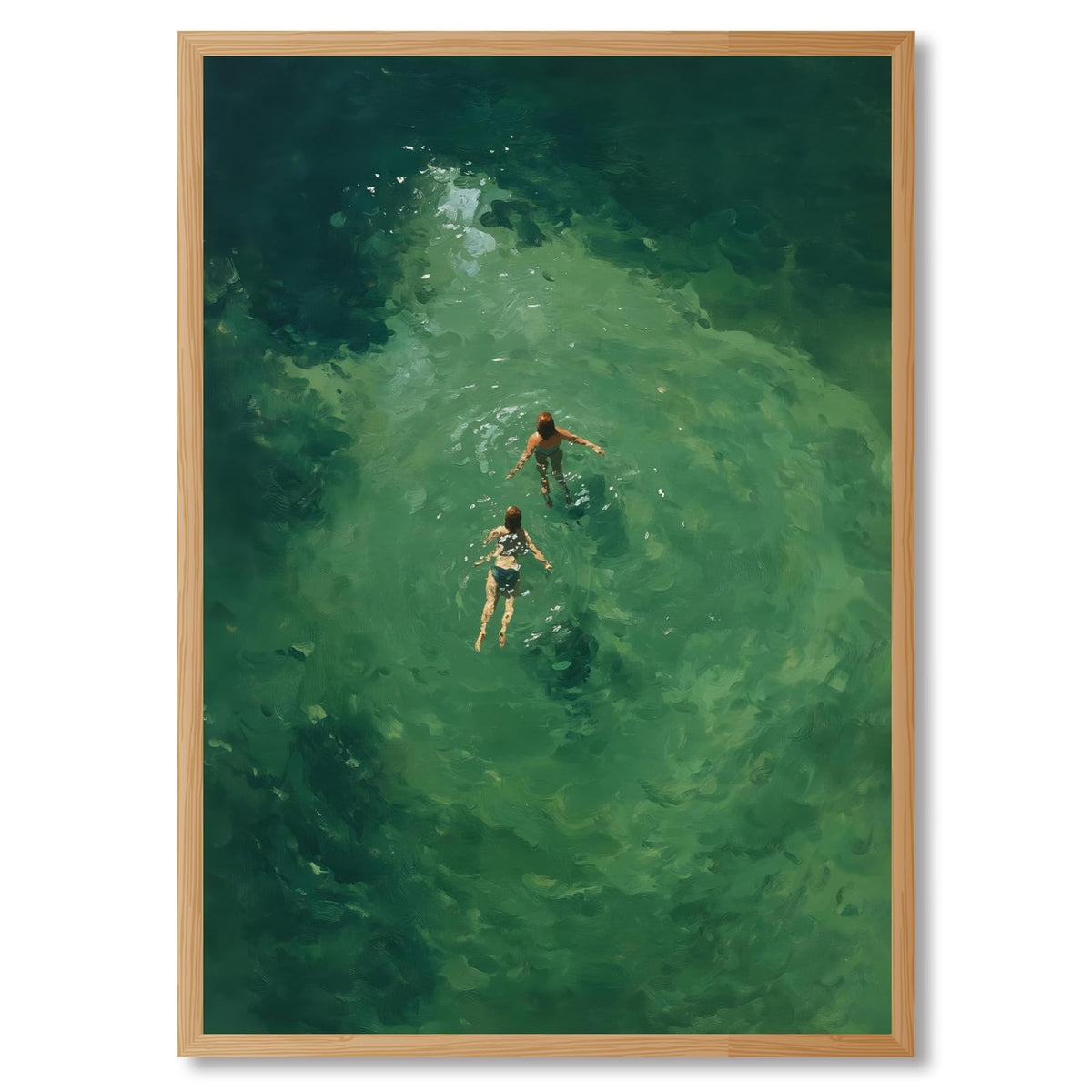 Framed Swimmers Wall Art Swimming in Green Abstract Canvas Poster Aerial View Summer Ocean Painting Print Minimalist Relaxing Coastal Artwork for Bedroom Beach House Decor 8x12inch (8"L x 12"W / Swim - Wood Frame)