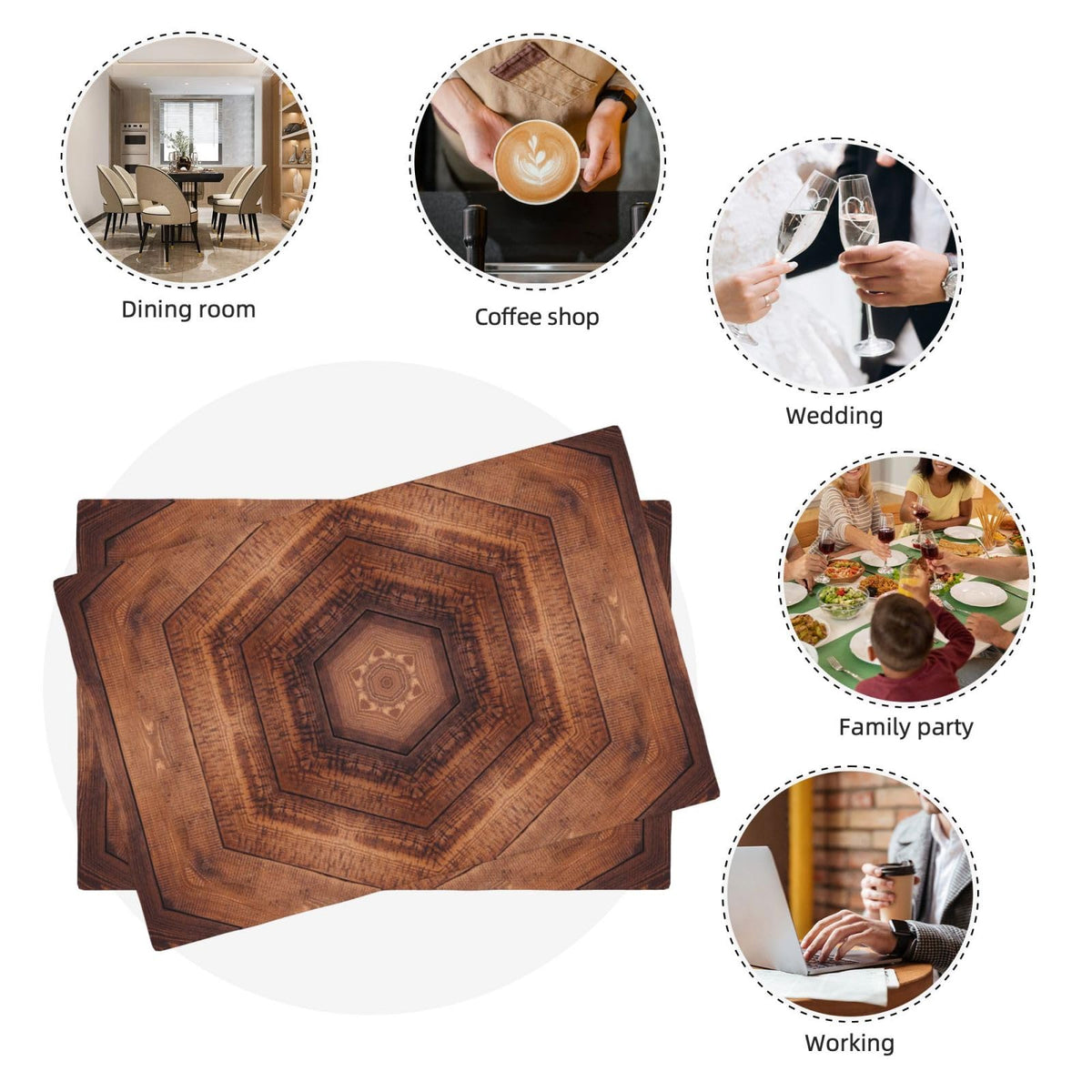 Placemats Mandala Wood Grain Place Mat Set of 4 Pieces Heat (4PCS / Mandala Wood Grain)