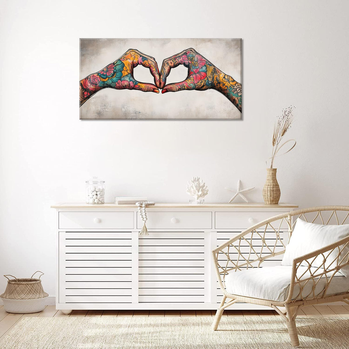 Colorful Two Tattooed Hands Heart Shape Wall Art for Living Room Office Romantic Gesture Contemporary Painting Prints Modern Canvas Artwork Dining Bedroom Decor Large (Contemporary / Colorful TwoTattooed Hands Wall Art / 46"L x 23"W)