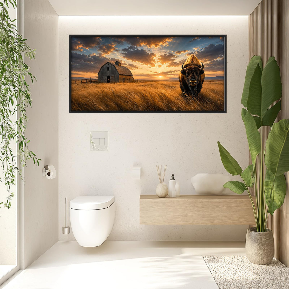 Large Framed Rustic Bison Wall Art Farmhouse Buffalo Decor 60"x30" (Bison / 60"L x 30"W)