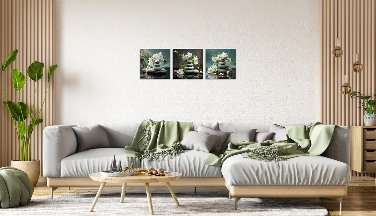 3 Panels Bathroom Wall Art Zen Artwork Zen Stone Wall Art Still Life Spa Stone with White Flowers Pictures Print on Canvas for Home Decor Wall Decor Stretched and Framed 12x12inchx3 (12x12inchx3 / Spa Stone with White Flower 2)