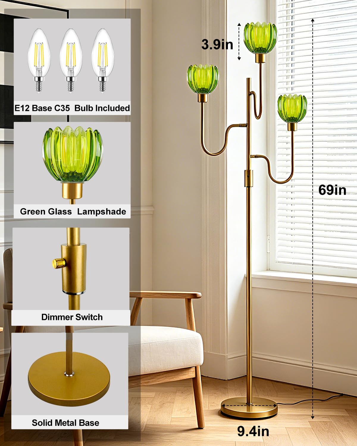 Dimmable Green Glass Floor Lamp Mid Century Modern Gold Floor Lamps with Warm White Bulbs Included 3 (3 Green Tulip-Gold)
