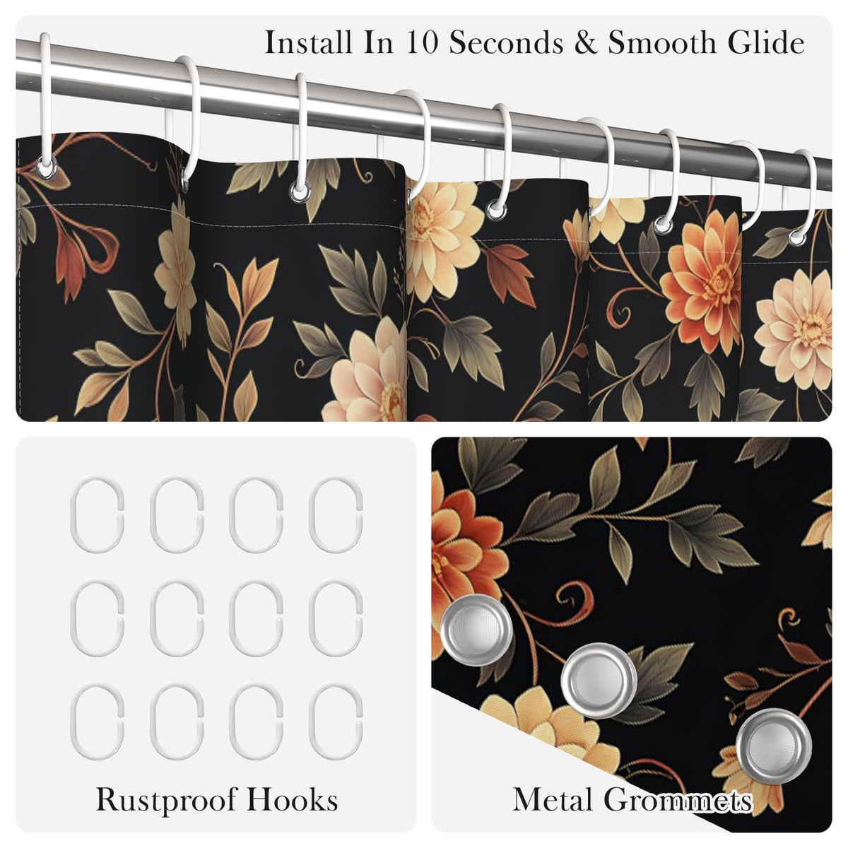 Vintage Floral Shower Curtains for Bathroom (Dark Floral-a)