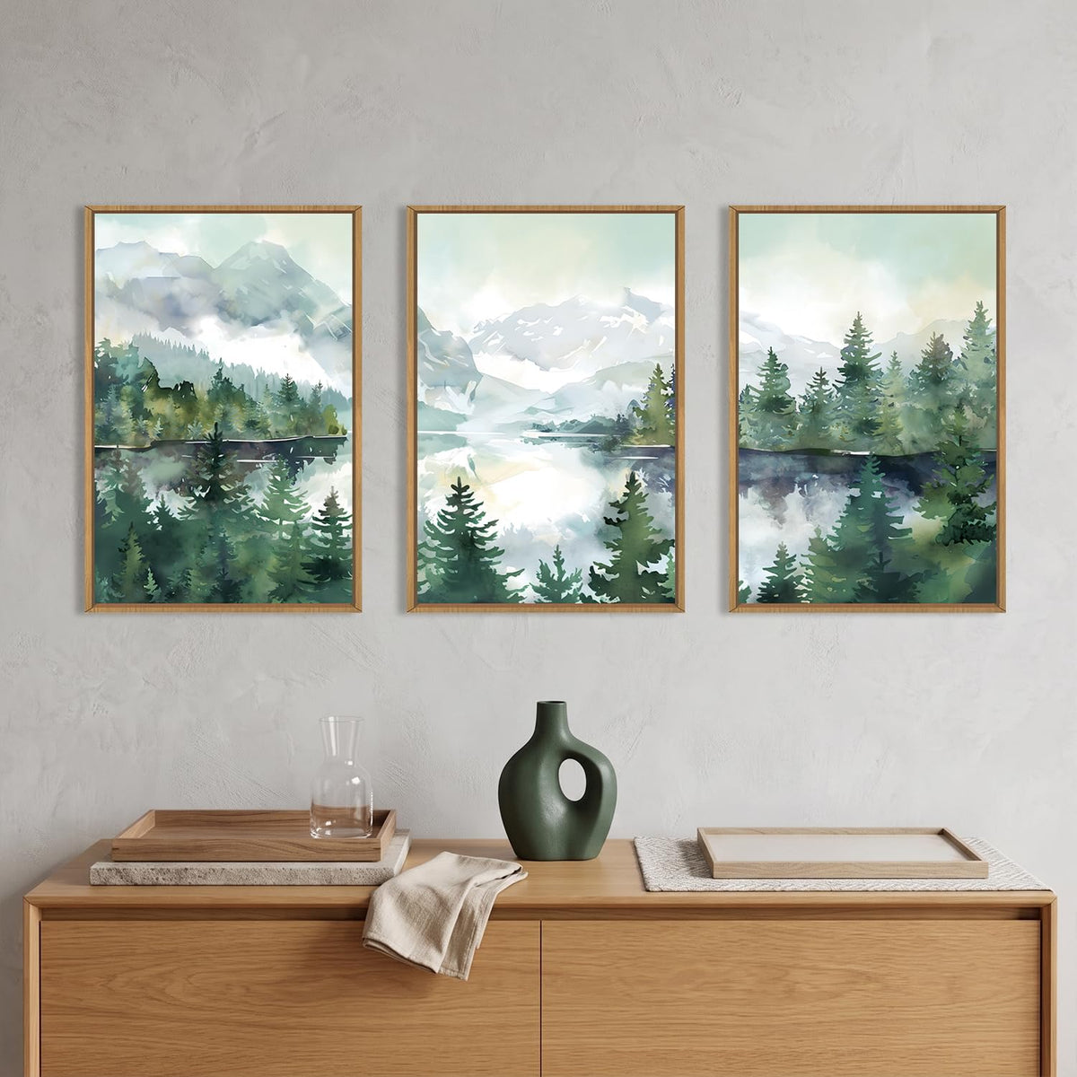 Watercolor Mountain Forest Framed Canvas Wall Art Set (Watercolor Mountain Wall Art / 24"L x 36"W)