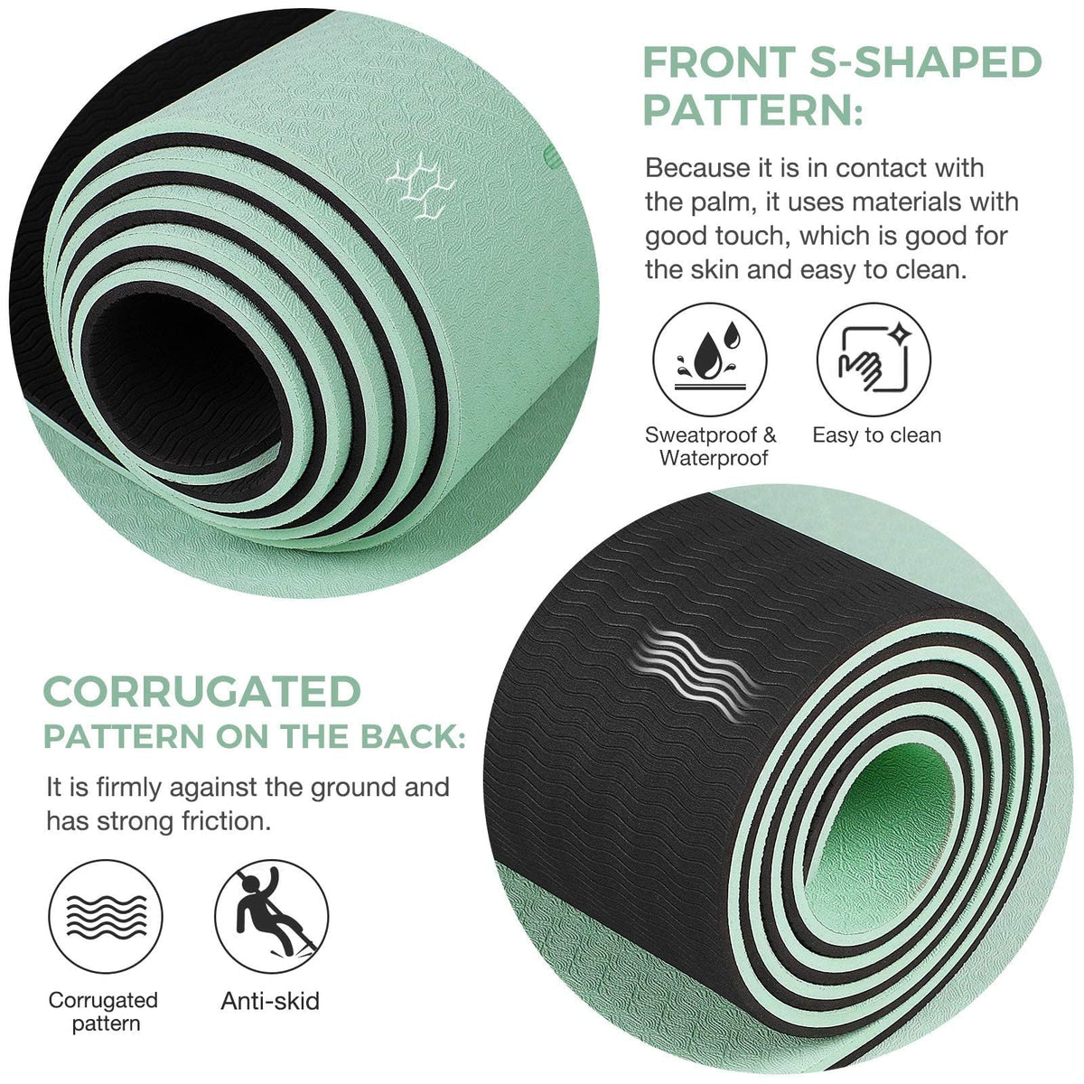 Yoga Mat Non Slip TPE Eco Friendly Fitness Exercise Mat with Carrying Strap Pro Yoga Mats for Workout Mats for Home Horizontal bottom line (Green Black / 0.32*32*72 Inches)