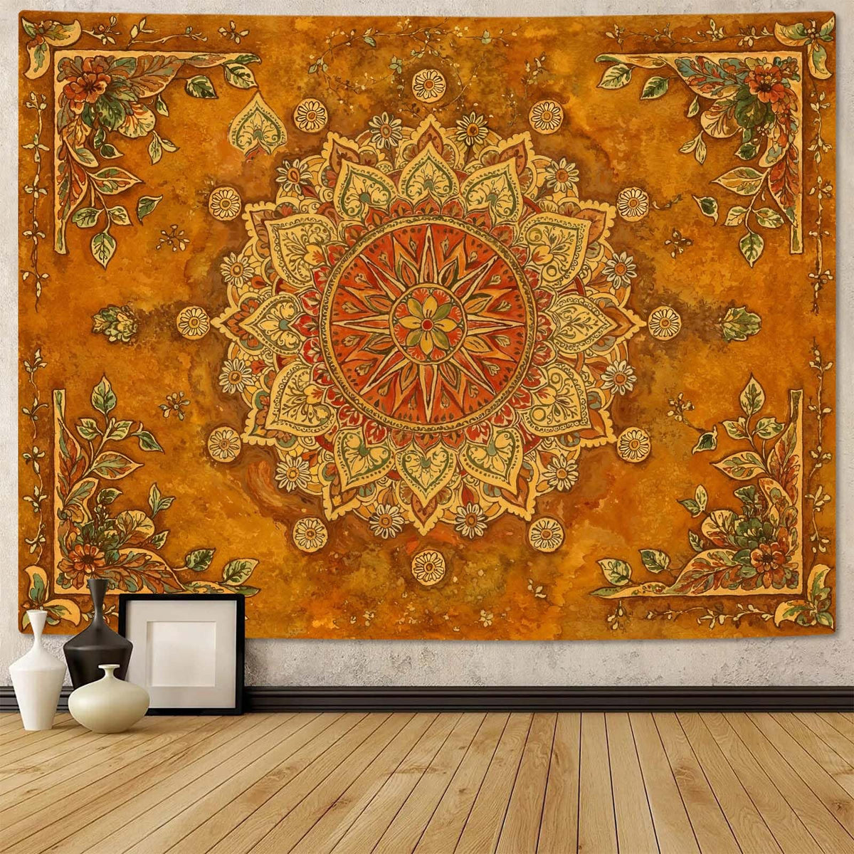 Floral Mandala Tapestry Boho Tapestry for Bedroom Brown Tapestries Wall Hanging Living Room Wall Art and Home Decor 70x90 (90"L x 70"W / Orange Brown)