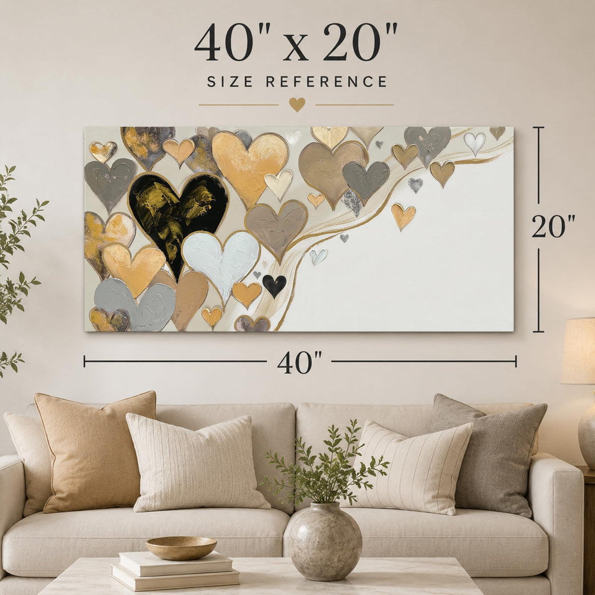Gold Heart Modern Decor Neutral Canvas Wall Art for Bedroom 40"x20" (Colorful heart / 40"L x 20"W)
