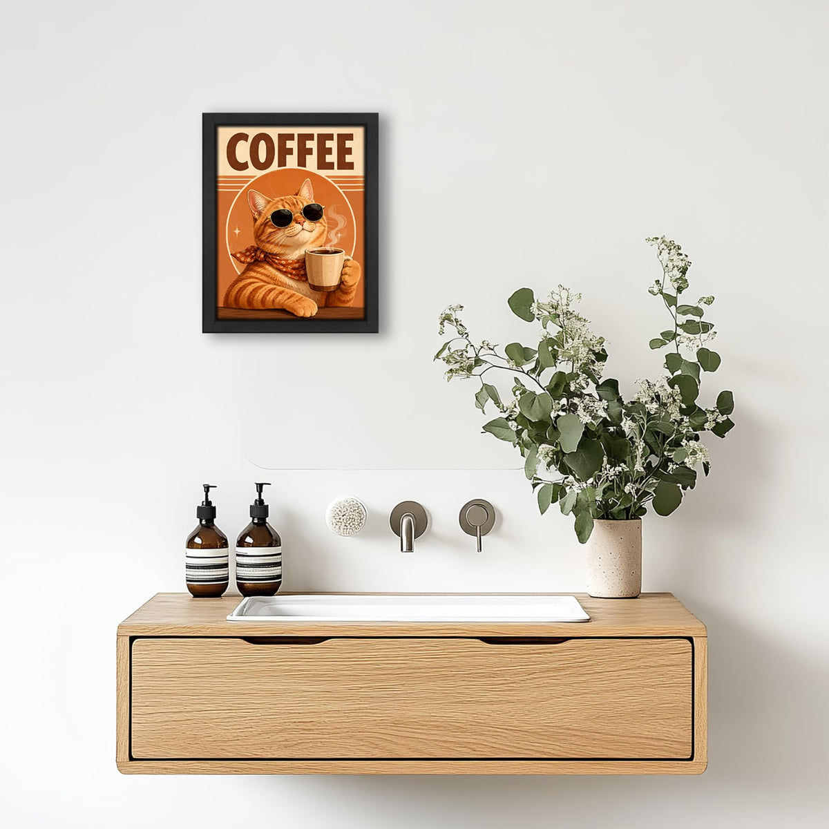 Funny Coffee Cat Decor Wall Art (Wall Art Framed 51 / 24"L x 16"W)