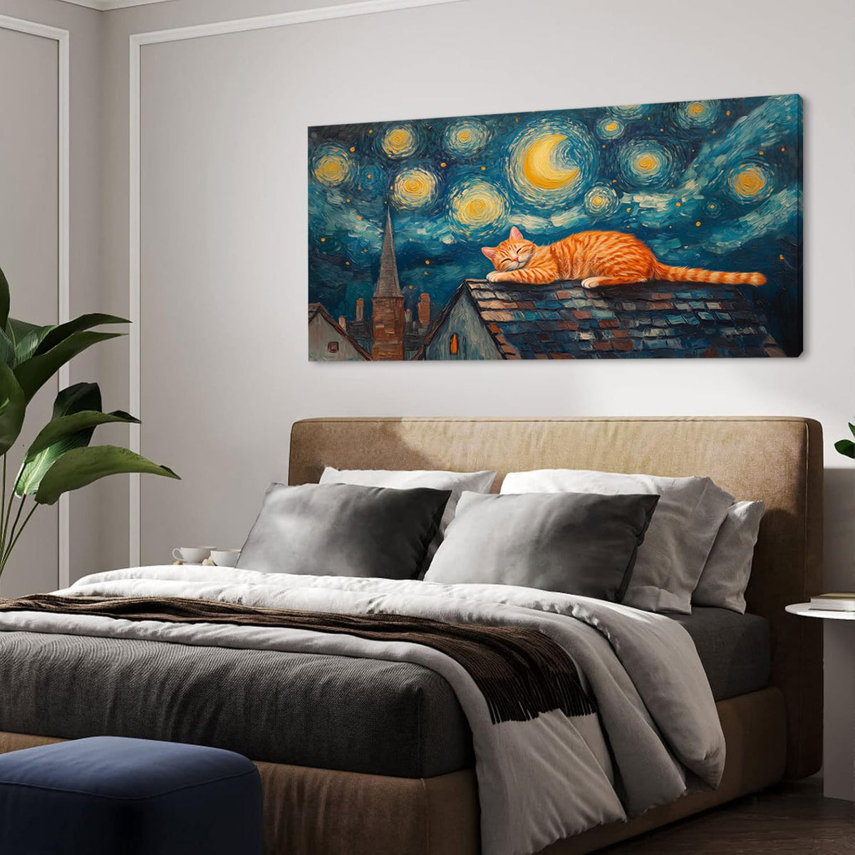 Navy Blue Starry Night Orange Cat Wall Art for Living Room Canvas Painting Prints Abstract Sleep Dream Sky Picture Vintage Artwork Office Bedroom Kids Room Decor Large (46L" x 23W" / Multi Colors Wall Art(k829))