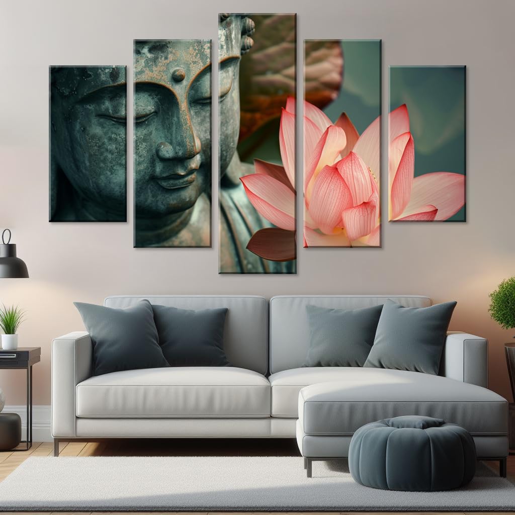 5Pcs Zen Buddha Lotus Flower Canvas Wall Art Spiritual Decor for Meditation Peaceful Home Decor Asian Cultural Symbolism Tranquil Art for Living Room Bedroom Office Ready to Hang (12"L x 24"W, 12"L x 32"W, 12"L x 40"W / 5PCS-Buddha)