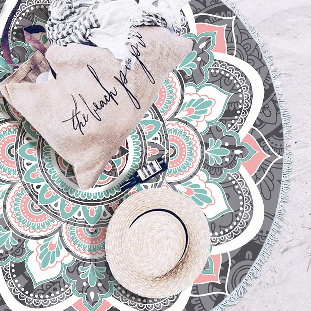 Mandala Round Boho Beach Towel Blanket (Grey & Pink Mandala Beach Towel)