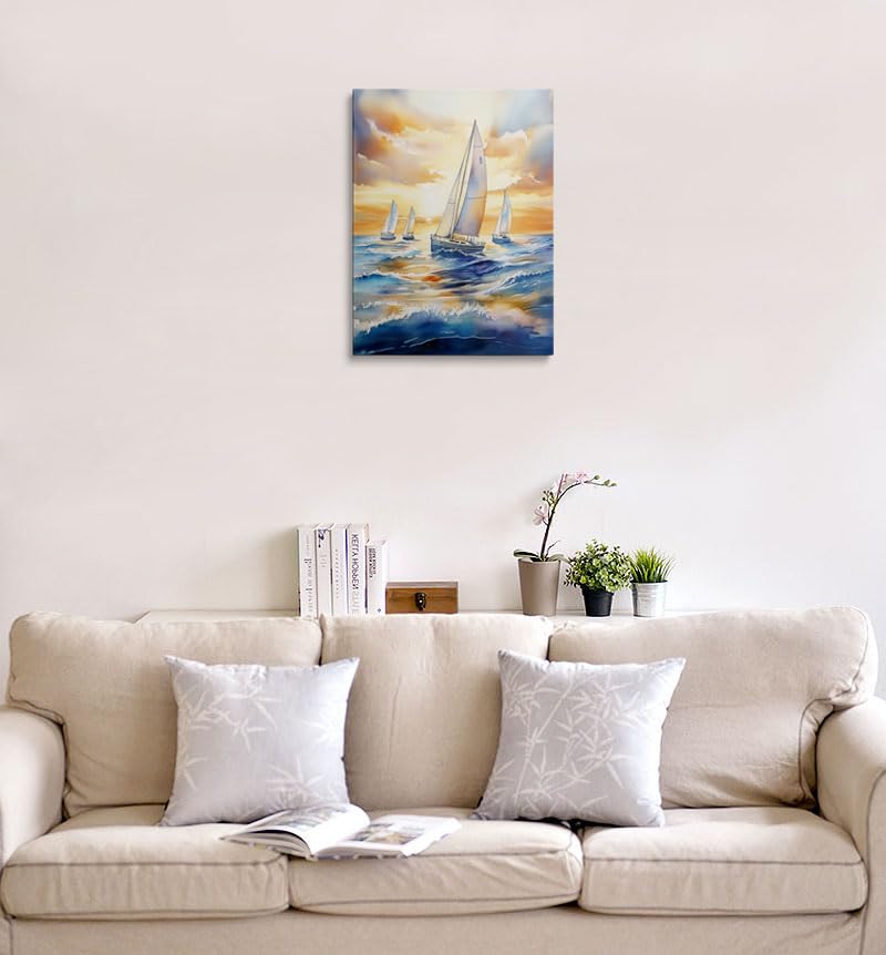 Sunset Sailboats Ocean Watercolor Canvas Wall Art Framed Painting Seascape Wall Decor Artwork Print Poster Calming Peaceful Blue Waves Golden Sky Coastal for Bathroom Living Room Bedroom 16x24 Inches (sailboat / 24"L x 16"W)