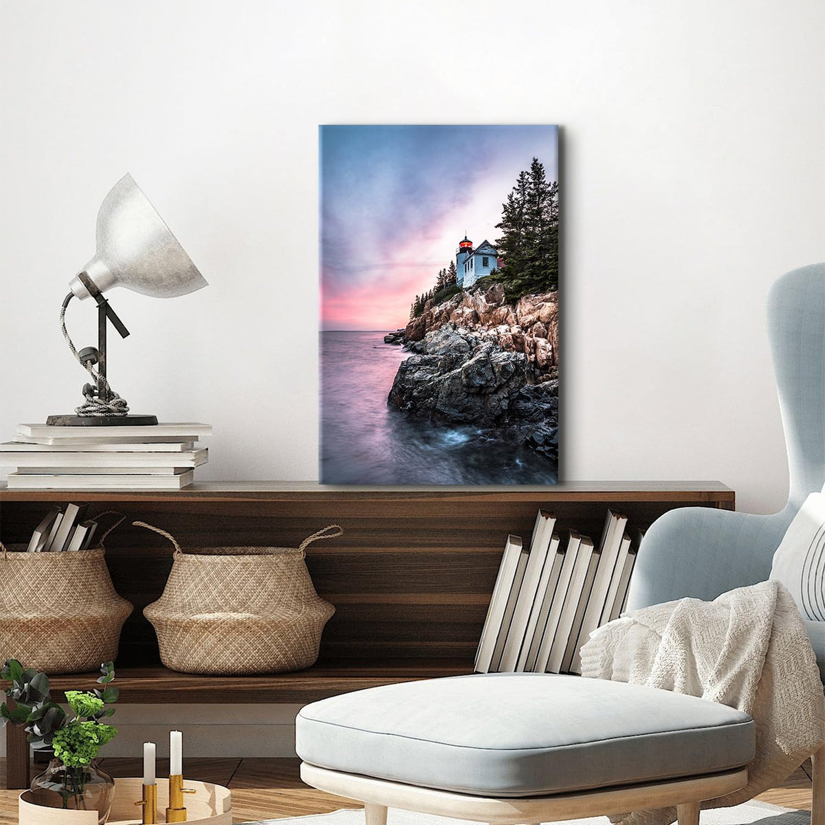 Coastal Wall Art Sunset Maine Bass Harbor Lighthouse Wall Decor Acadia National Park Pictures Nature Ocean Beach Canvas Prints Modern Seascape Artwork for Bedroom Bathroom Home Decoration 16x24" (24"L x 16"W / Bass Harbor)