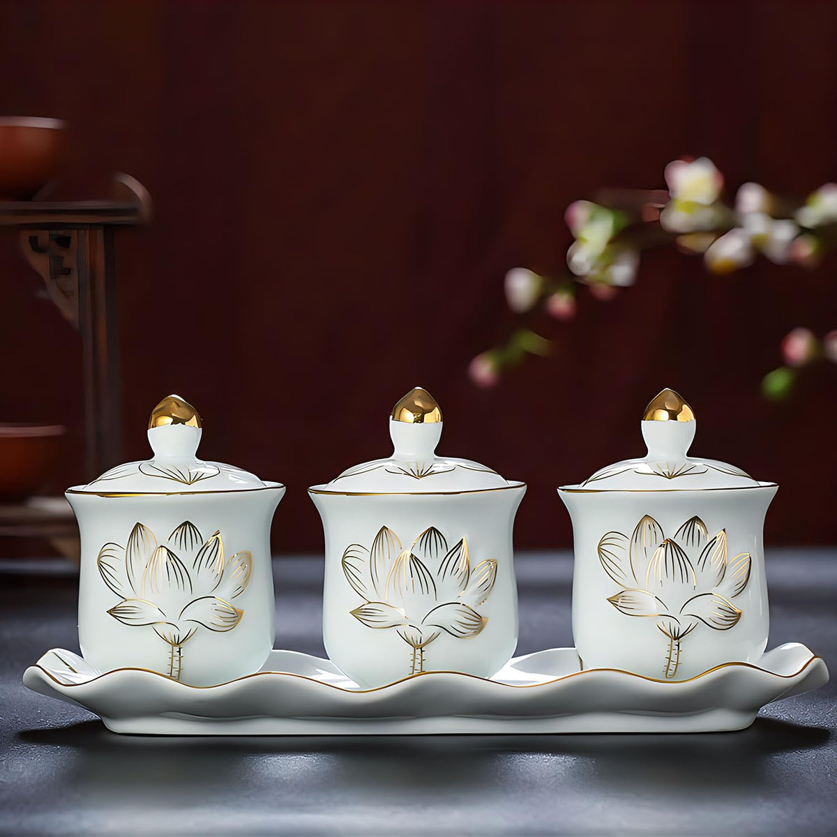 White Buddhist 3 Altar Cups Set (3 White Ceramic Cup Set)