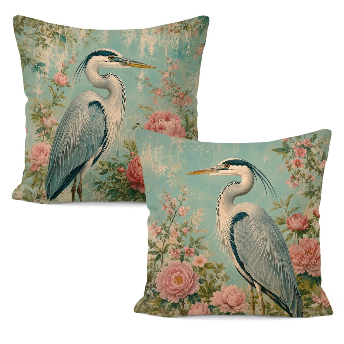 Vintage Pink Peony Floral Heron Bird Pillow Cover 18x18 Set of 2 (White-blue Heron Bird Set 2)
