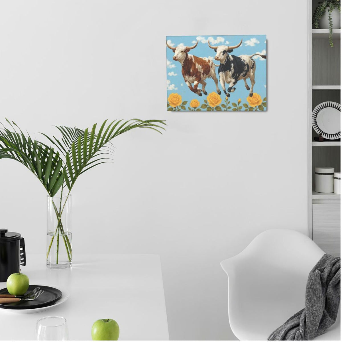 Longhorn Cow Wall Decor Funny Cow Canvas Wall Art Cute Cattle Pictures Painting Artwork Framed Decoration for Bedroom Bathroom Living Room Kitchen Dining Room Office 12"x16" (Longhorn / 16L"×12W")