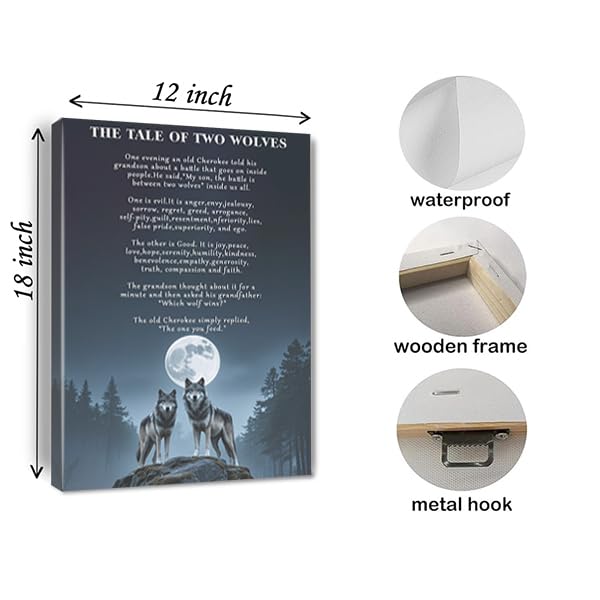 The Tale of Two Wolves Quote Canvas Wall Art Inspirational Wolf Poster Motivational Modern Artwork Prints for Bedroom Bathroom Office Home Decor Framed 12 * 18 Inch (18"L x 12"W / White 6)