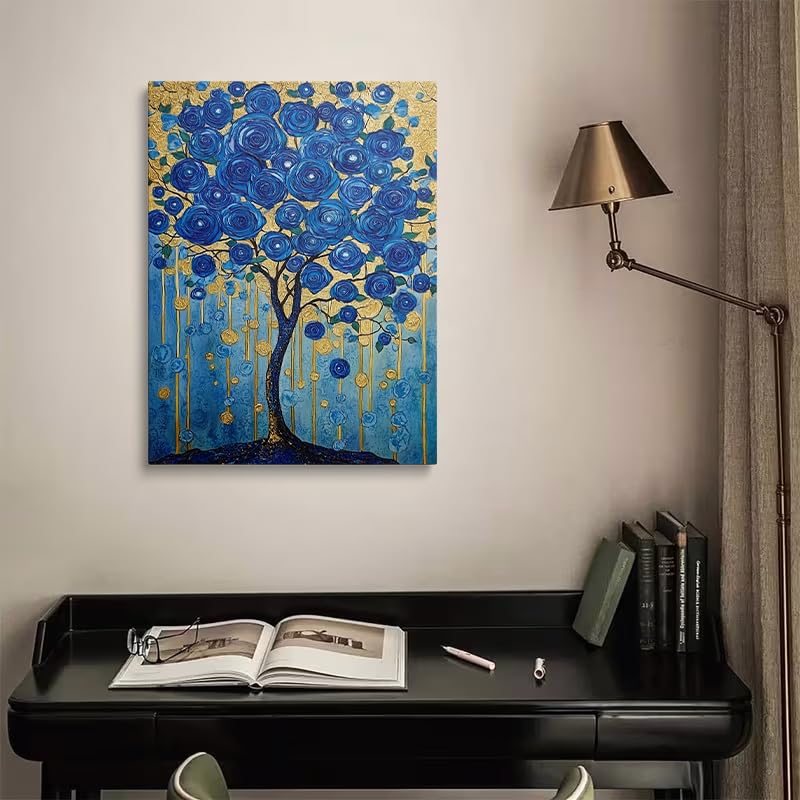 Blue Rose Tree Canvas Wall Art Framed Gold Botanical Home Decor 12x16 Inch (Blue Tree (Wrapped Canvas) / 16"L x 12"W)
