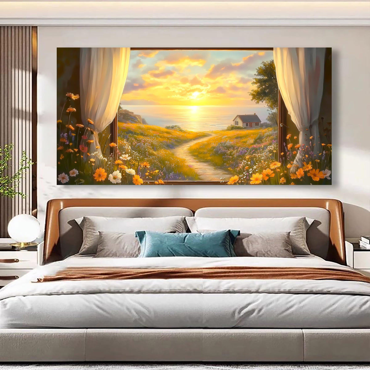 Sun Windows Flowers Pictures Canvas Wall Art for Living room Office Bedroom Wall Decor Abstract Wall Art Print Pink Flowers Oil Painting Artwork Ready to Hang (40"L x 20"W / Sun Windows Flowers)