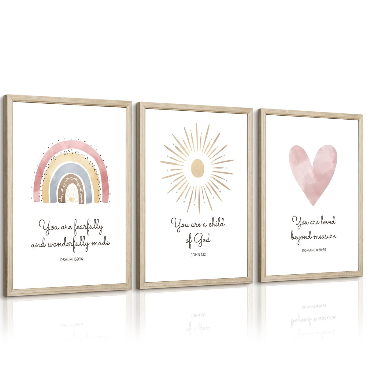Boho Nursery Wall Art 3 Pieces Bible Verse Nursery Art Christian Girls Nursery Wall Art Heart Rainbow Sun Nursery Art Print Boho Sunshine Decor for Girl Baby Kid Room Decor 12x16 Inch Wood Framed (Boho Nursery Prints / 12x16 Inch Framed)