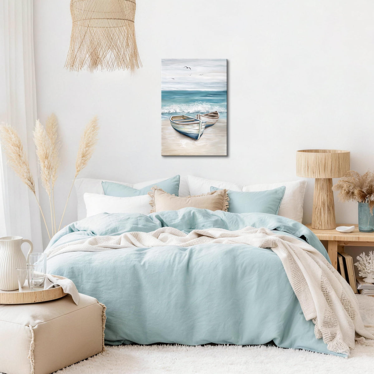 Beach Coastal Canvas Wall Art Beach Wall Art Painting 16"x24" (Nautical Boat on Beach / 24"L x 16"W)