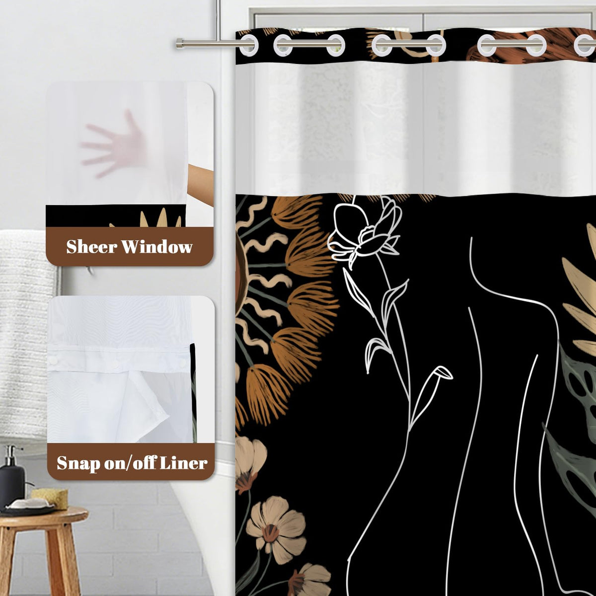 No Hook Shower Curtain with Snap in Liner Set (Body Art)