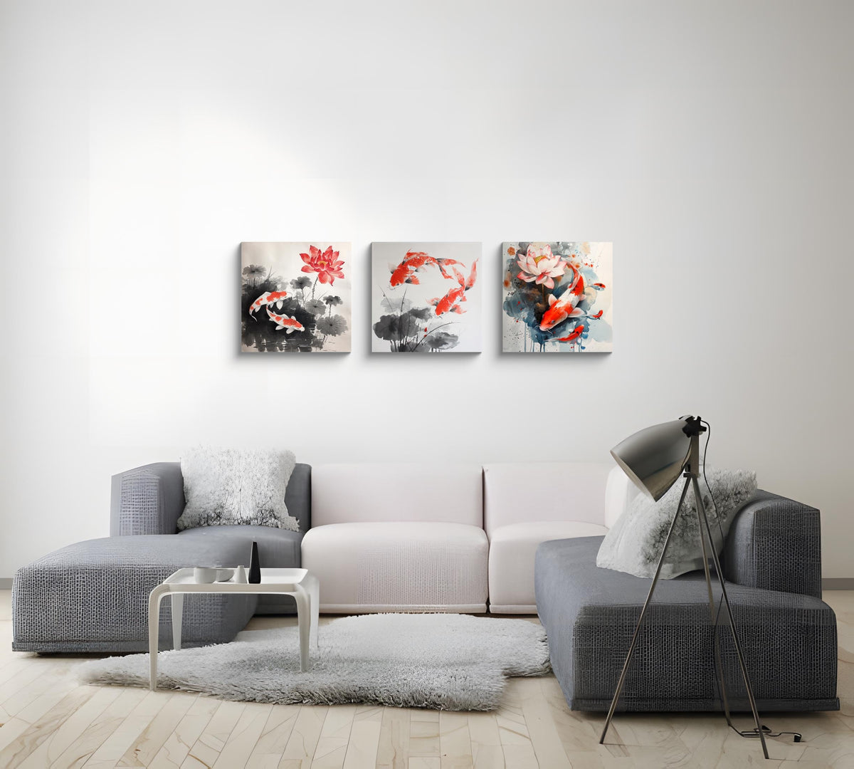 3PCS Traditional Koi Fish and Lotus Flower Canvas Wall Art Asian Ink Style Red and White Carp Feng Shui Water Scene Oriental Zen Artwork for Bedroom Living Room Meditation Office Wall Decor (Koi Fish / 20x20 inches (3 pieces))