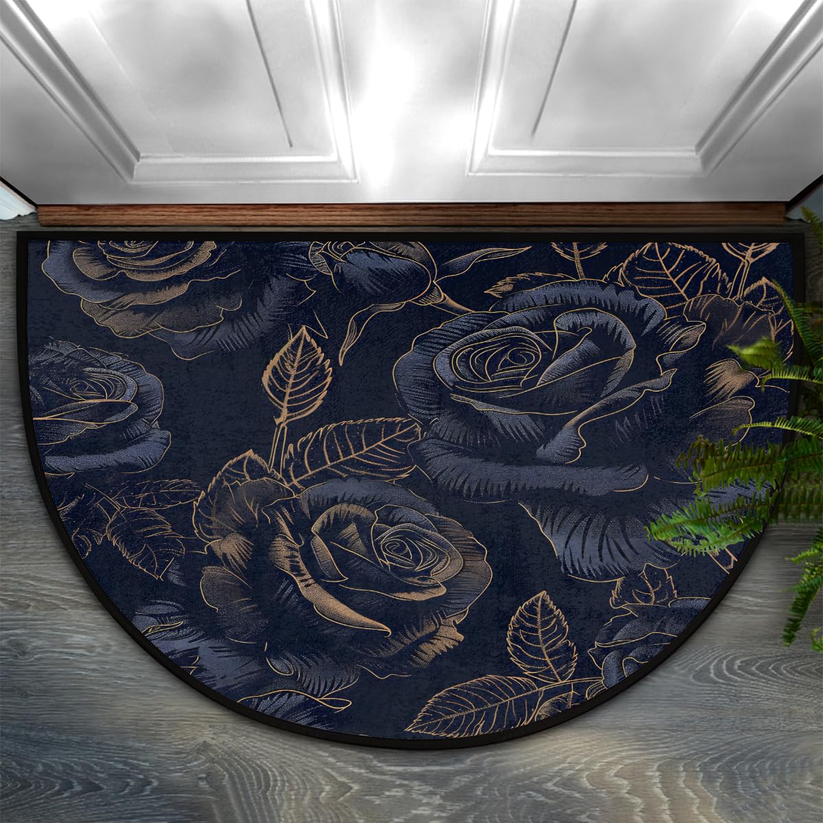 Half Round Doormat Rose Flower Flora Blue Washable Semi Circle Rug Non Slip Absorbent Half Moon Rug Kitchen Mat for Indoor Outdoor Bathroom Patio Front Welcome Fireplace Hearth Floor Mat (D04:blue Rose)
