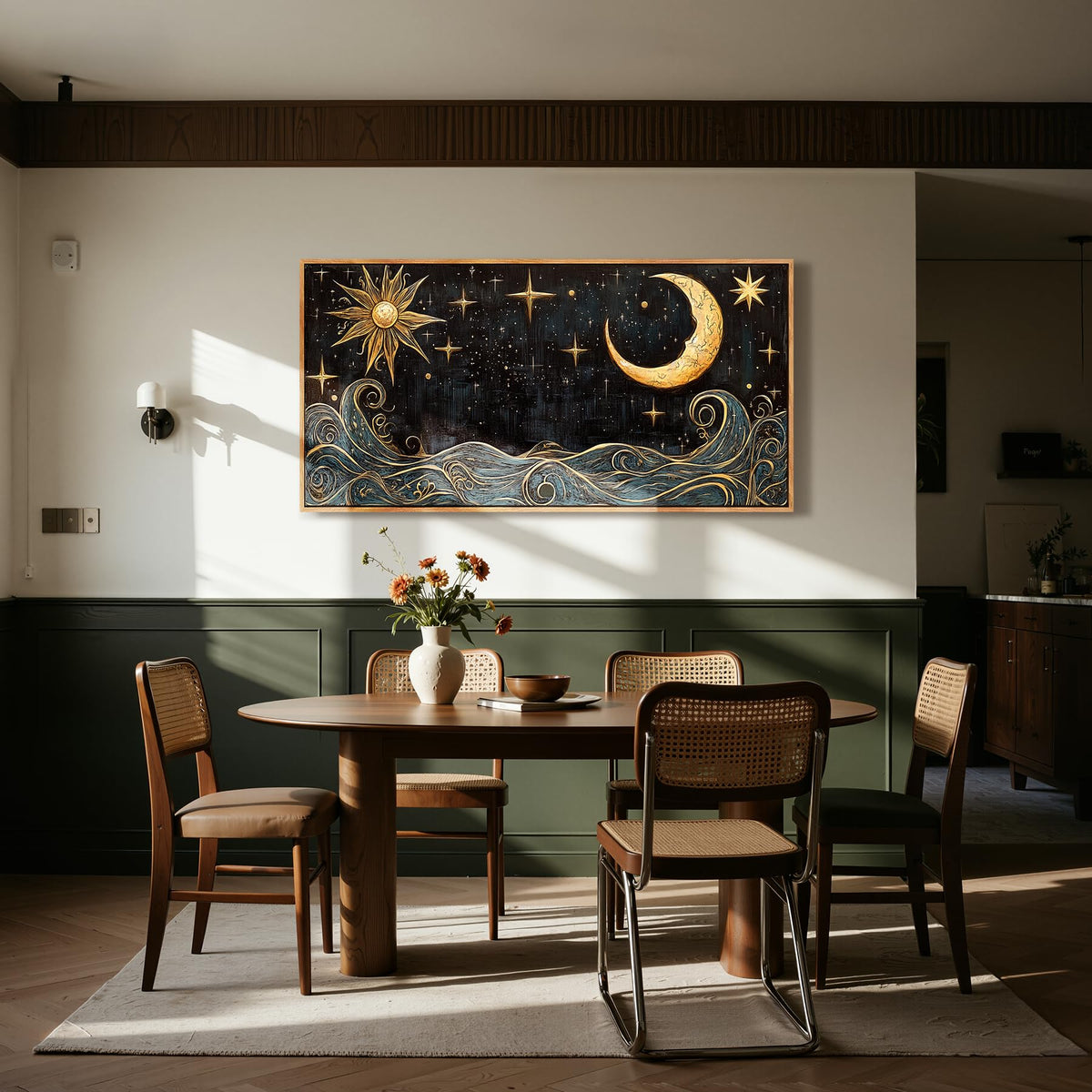 Sun Moon Celestial Large Framed Wall Art Witchy Decor Navy Gold (Sun and Moon / 48"L x 24"W)