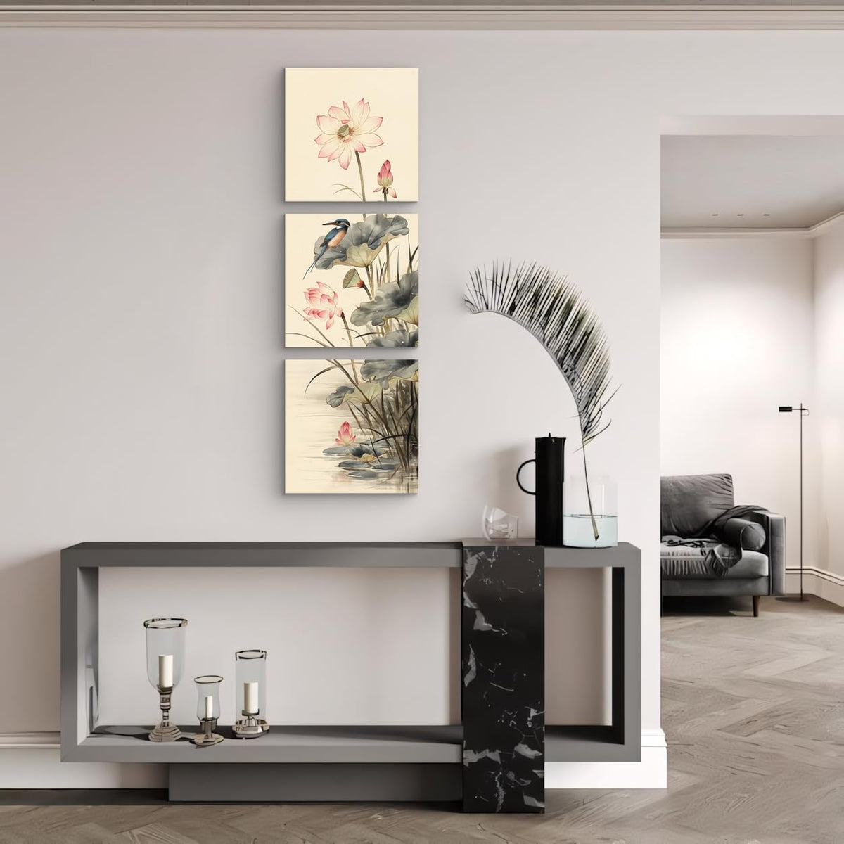 3Pcs Traditional Chinese Lotus Flower Kingfisher Canvas Wall Art Print Pink Blooming Lotus Asian Pictures Prints for Living Room Bedroom Bathroom Decor Zen Botanical Artwork Ready to Hang (Lotus and Kingfisher / 16x16inchx3)