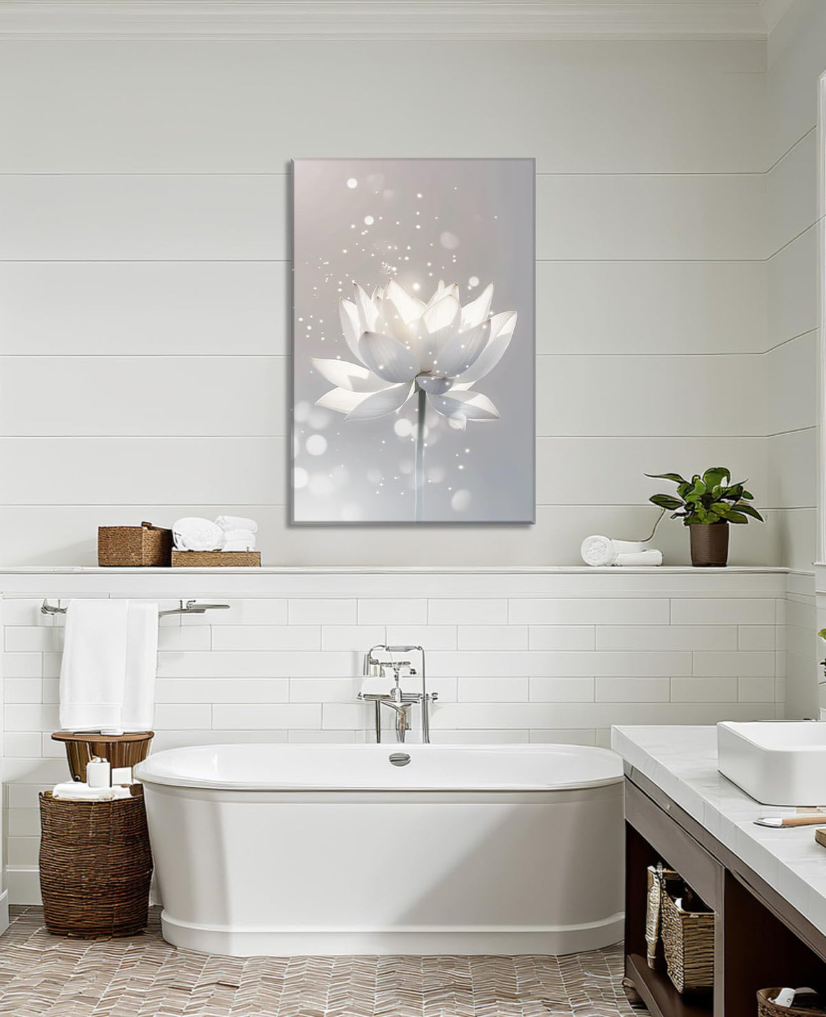 Zen Lotus Wall Art White Lotus Picture Relaxation Meditation Painting Floral Canvas Prints Spiritual Room Bathroom Living Room Office Wall Decor Framed (30"L x 20"W / F - Grey White)