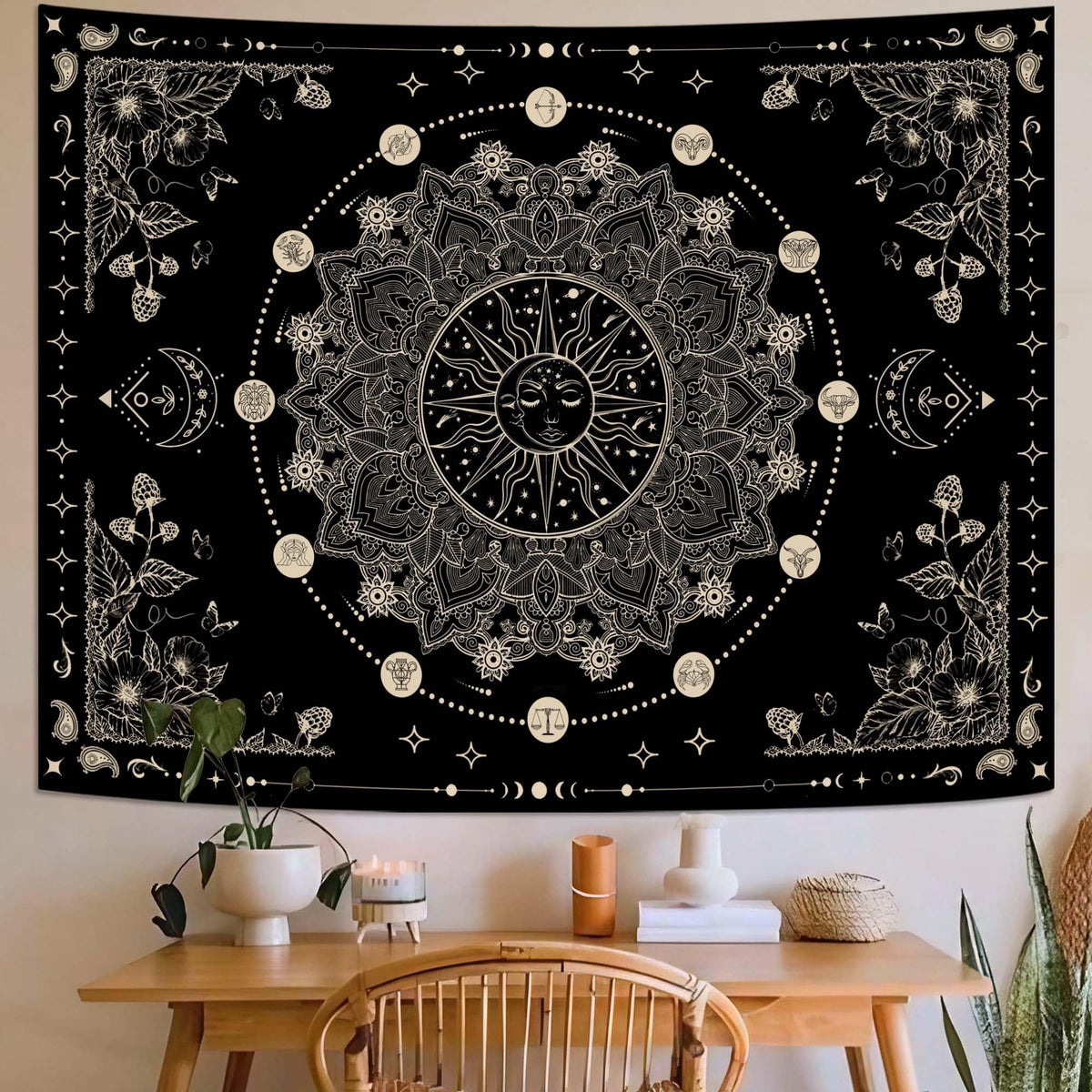 Sun and Moon Mandala Tapestry Boho Tapestry for Bedroom Black and White Tapestries Wall Hanging Living Room Wall Art and Home Decor 44x60 (60"L x 44"W / Black and White)