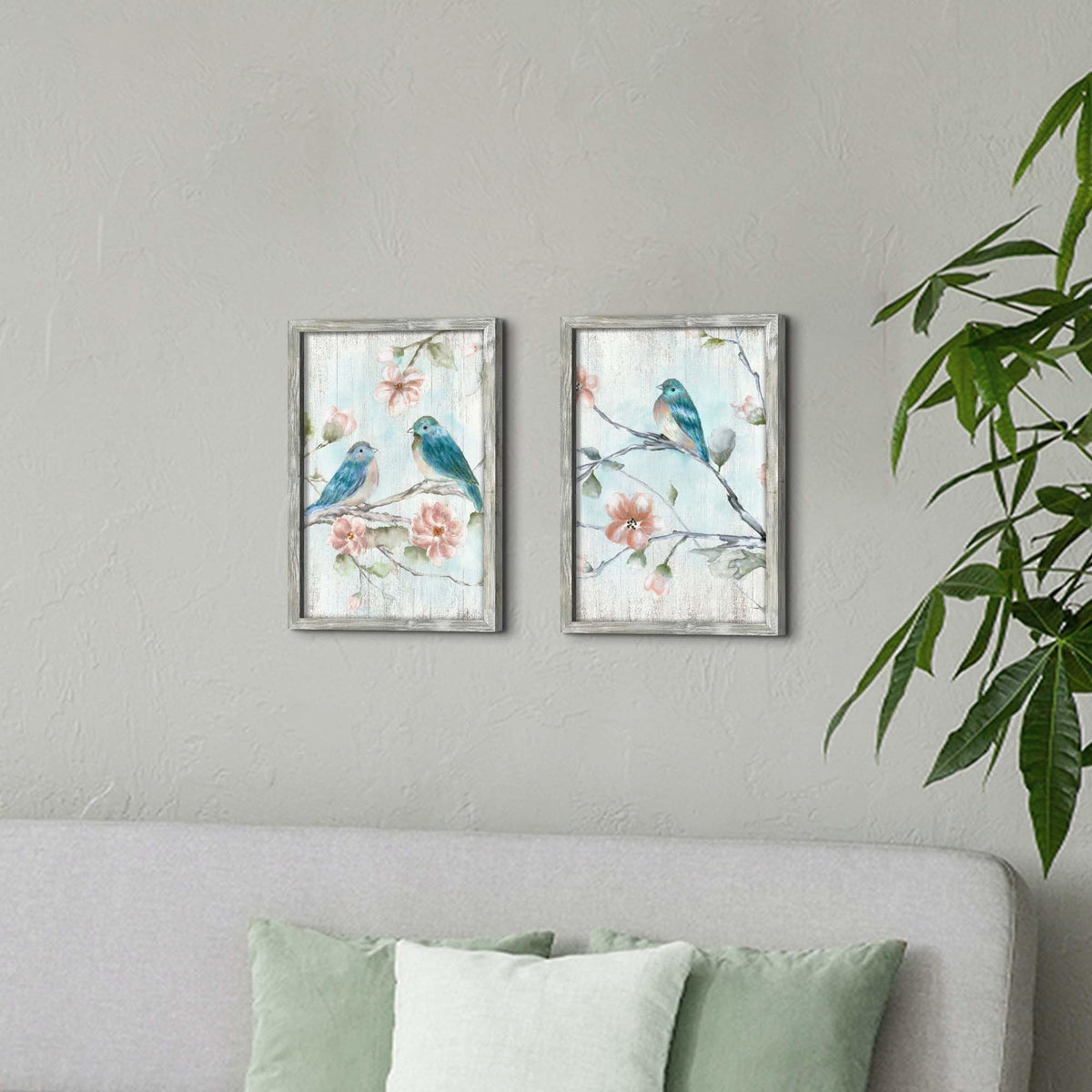 Floral Bird Wooden Framed Wall Art 16x24Inchx2PCS (blue&pink / 16L" x 24W")