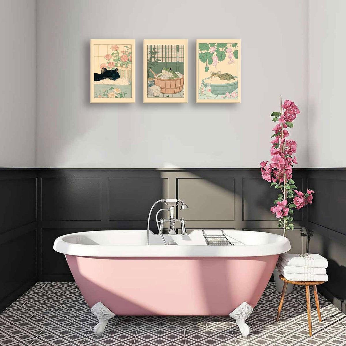 3 Pieces Japanese Cat Bathroom Posters Wall Art (Cat Bathroom Poster A / 8"X10")