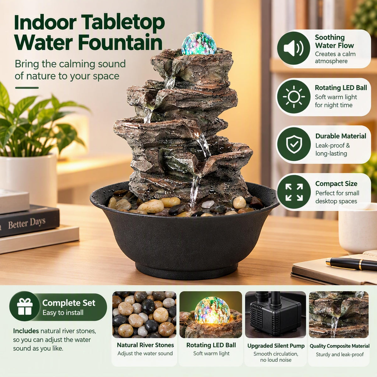 Resin Desktop Rock Waterfall Fountain (Brown Gray)
