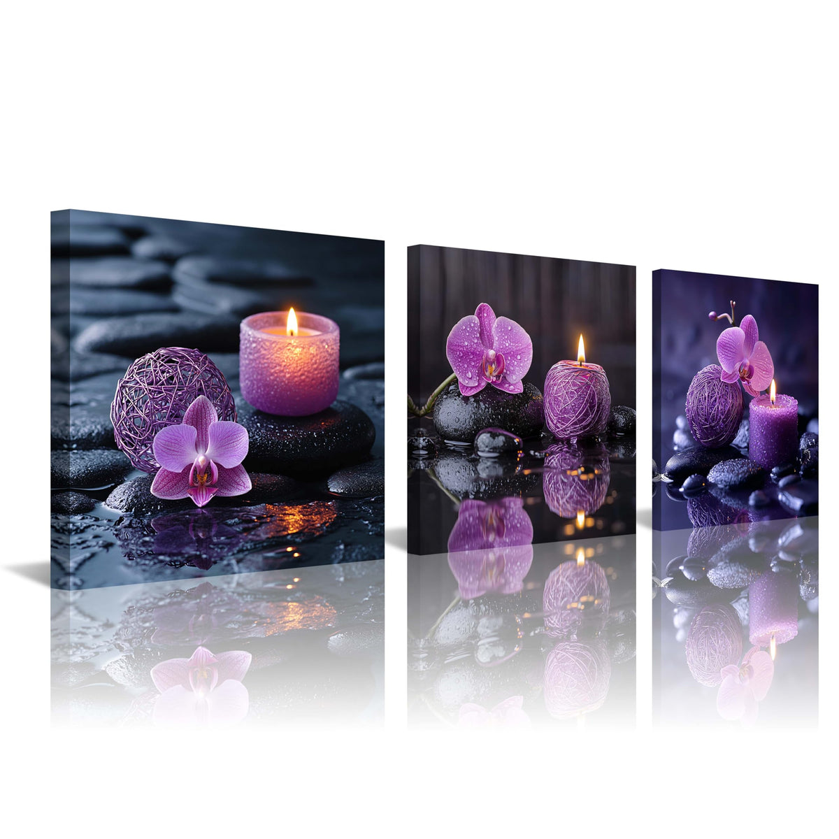 3PCS Zen Canvas Wall Art Purple Orchid Spa Decor Aromatherapy Candle Black Stone Prints Modern Meditation Room Decor Bathroom Yoga Studio Wall Pictures Relaxing Home Artwork Ready to Hang (16X16inchX3pcs / Serenity in Purple)