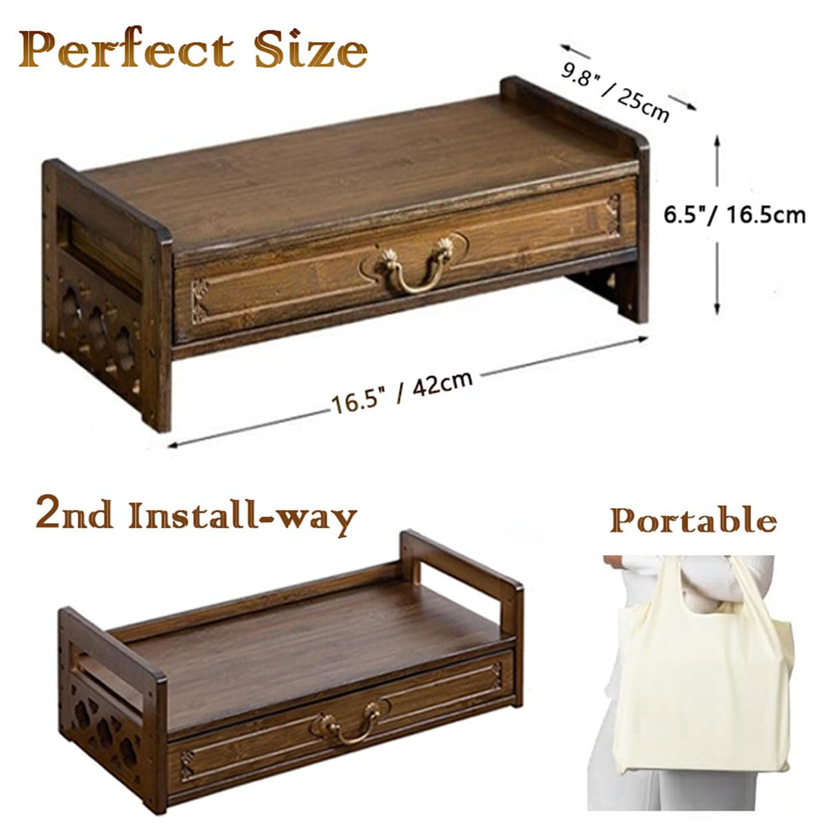 Altar Table with Storage & Drawer Small Meditation Table & Puja Table (Brown-42cm/16.5'')