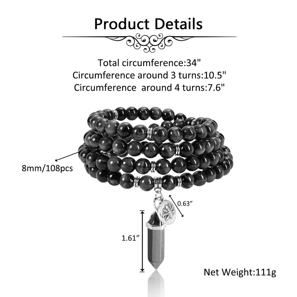 108 Mala Beads Bracelet 8mm Natural Black Obsidian Healing Crystal Stone Mala Prayer Bead Necklace Hexagonal Prism Gemstone Reiki Pointed Pendant for Yoga Meditation Energy Balancing (Black Obsidian Crystal)