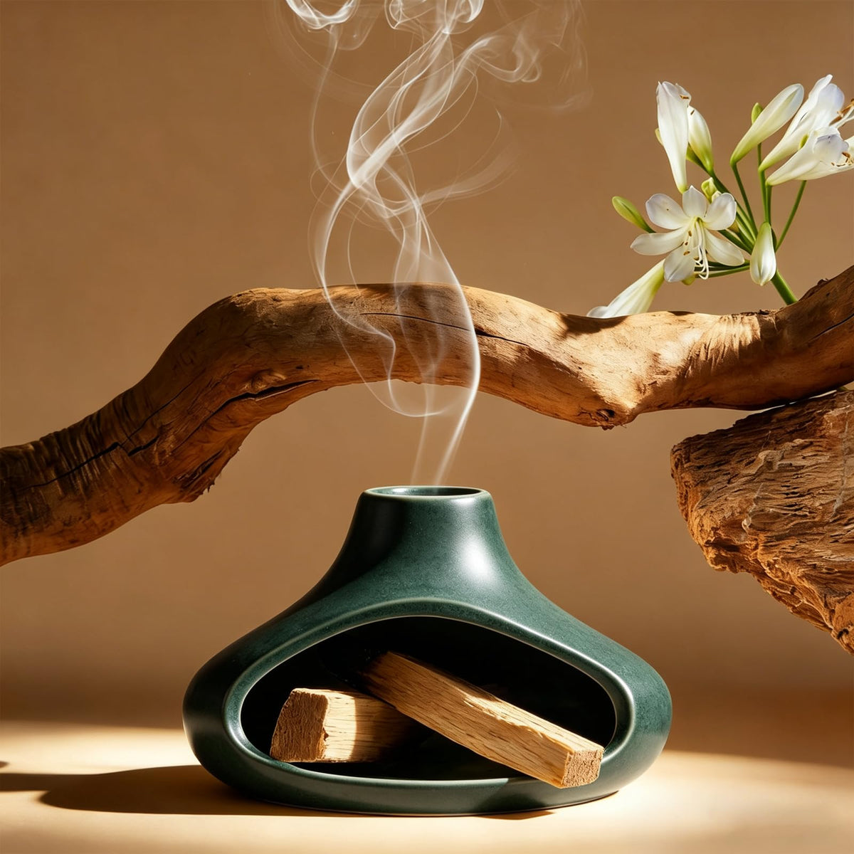Ceramic Palo Santo Holder with Mini Chimney (Dark Green)