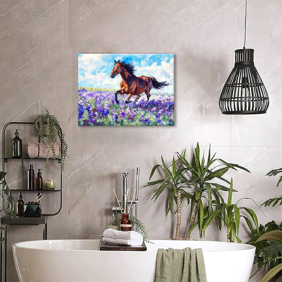 Horse Canvas Wall Art Lavender Print Painting Framed ArtWork 12"x16" (Horse / 16"L x 12"W)