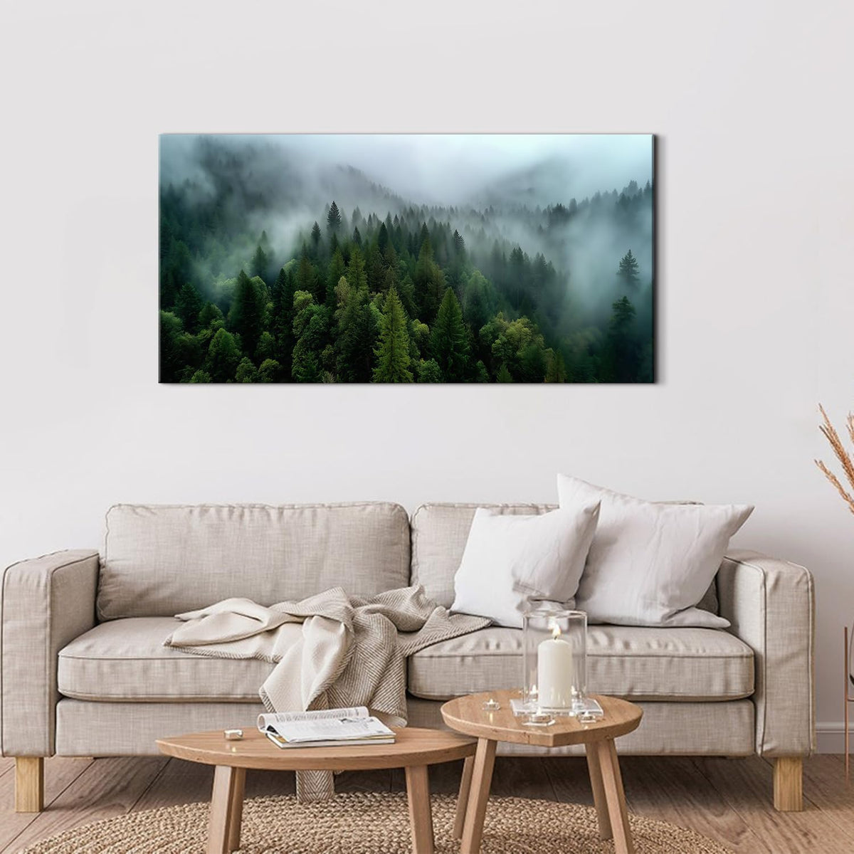 Misty Forest Wall Art Green Nature Landscape Canvas Picture Great Smoky Mountain Wall Decor for Living Room Bedroom Blue Ridge Foggy Scenery Prints Pine Trees Painting Office Home Decorations 24x48" (48"L x 24"W / Green Forest)