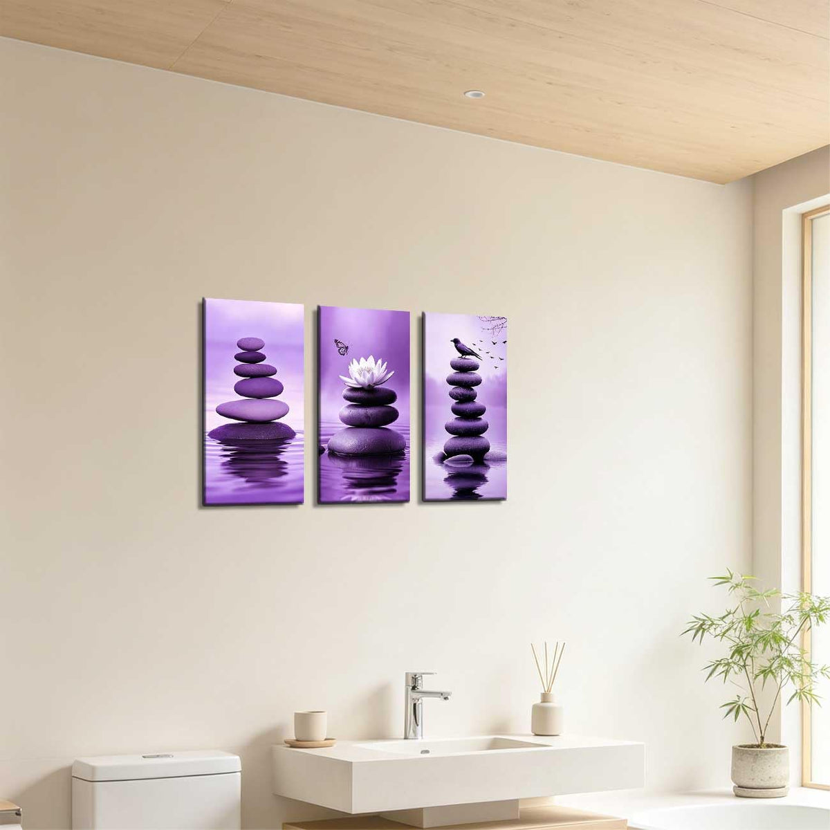 Set of 3 Zen Bathroom Canvas Wall Art Prints Purple Zen Stone & Bird Poster Water Lily with Butterfly Paintings Picture Yoga Meditation Artwork Spa Room Decor (Purple / 40x20inx3 Pieces)