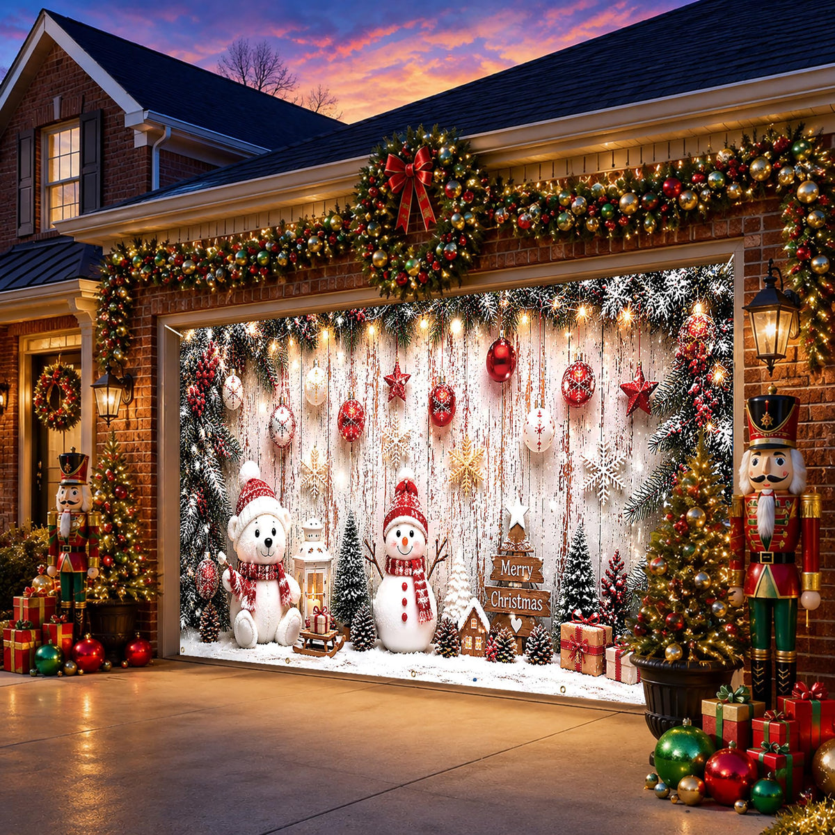 Christmas Garage Door Cover Bear & Snowman Party Backdrop 6x13FT (Christmas Background)