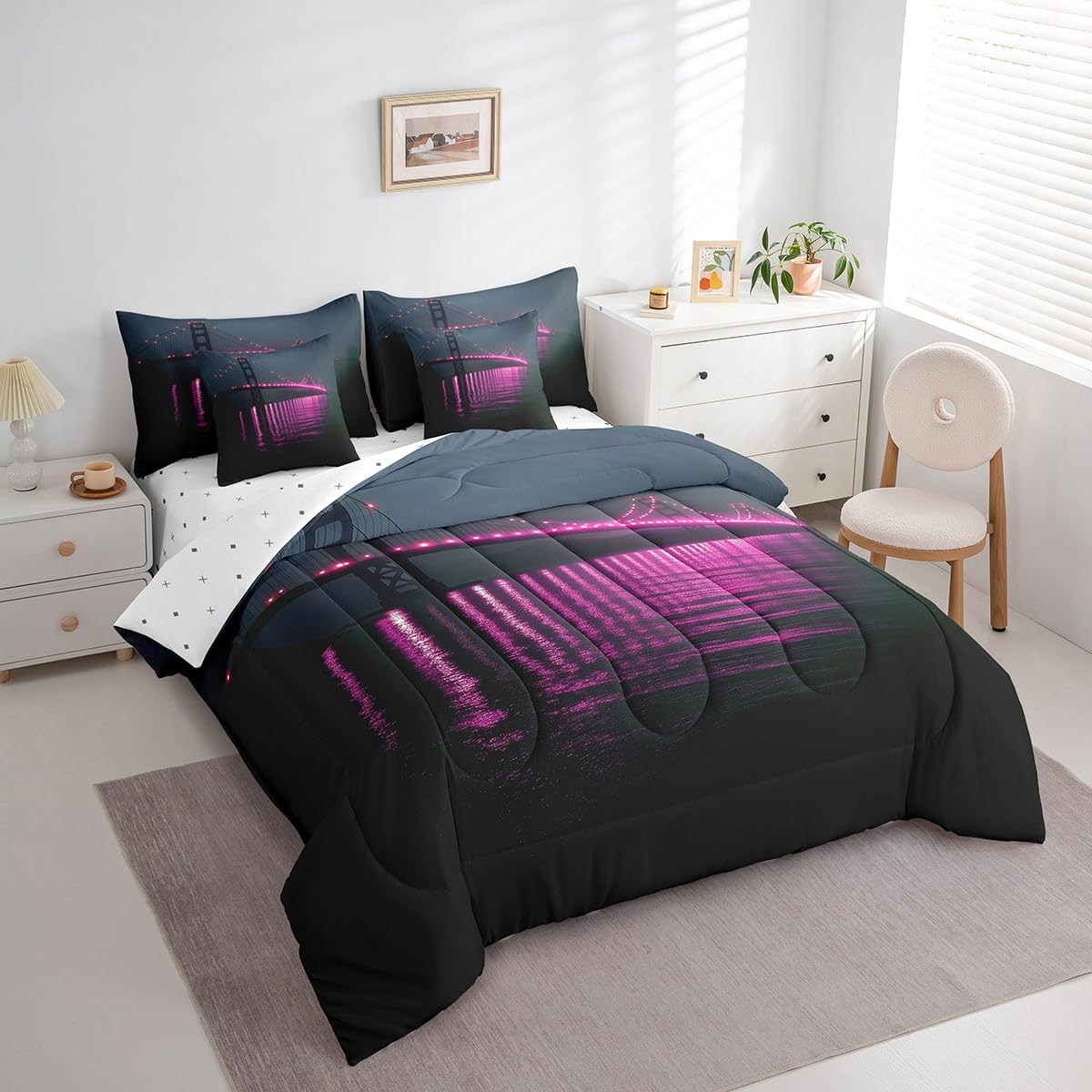 Golden Gate Bridge Comforter Set with Sheets King Size Kids Nightscape 7 Piece Bedding Set All Season Teens City Scenery Bed in A Bag Breathable Soft Black and Purple Room Decor (Dull Black and Purple / King)