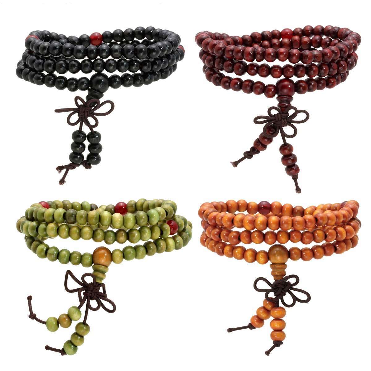 6mm Wood Bracelet Link Wrist Necklace Tibetan Buddhist 108 Beads Prayer Mala Chinese Knot (C:4 Pcs)